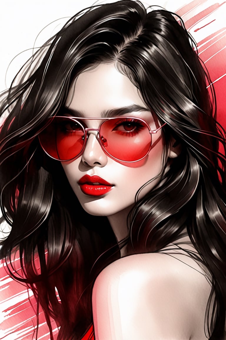 pencil Sketch of a beautiful  philipines woman 25 years old, , black long hair, red shades, disheveled alluring, portrait by Charles Miano, ink drawing, illustrative art, soft lighting, detailed, more Flowing rhythm, elegant, low contrast, add soft blur with thin line, full pink lips, black eyes, black- pink clothes.