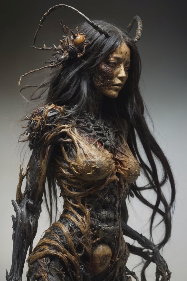 The woman japanese bee queen long hair A massive creature with rotting flesh and scultural human body that hangs in tatters from its bones, its eyes are black sockets that emit a faint, eerie glow.
,1 girl , full body