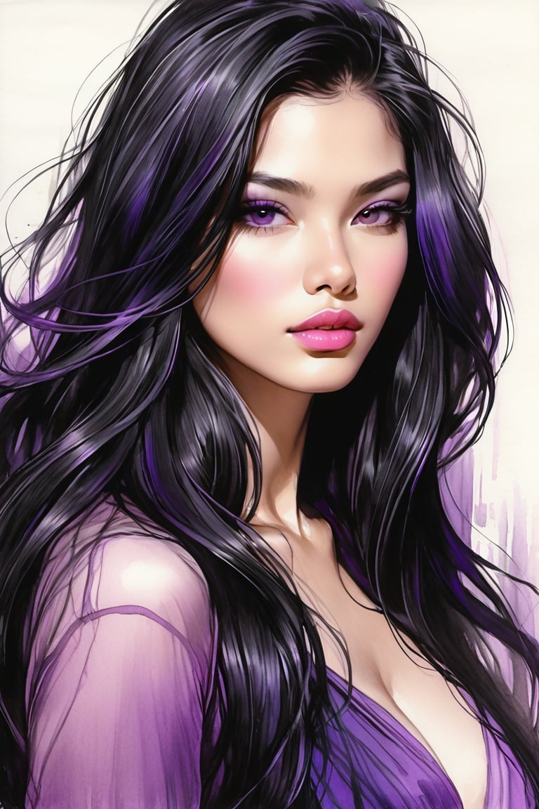 pencil Sketch of a beautiful  philipines woman 25 years old, , black long hair, purple shades, disheveled alluring, portrait by Charles Miano, ink drawing, illustrative art, soft lighting, detailed, more Flowing rhythm, elegant, low contrast, add soft blur with thin line, full pink lips, black eyes, black- pink clothes.