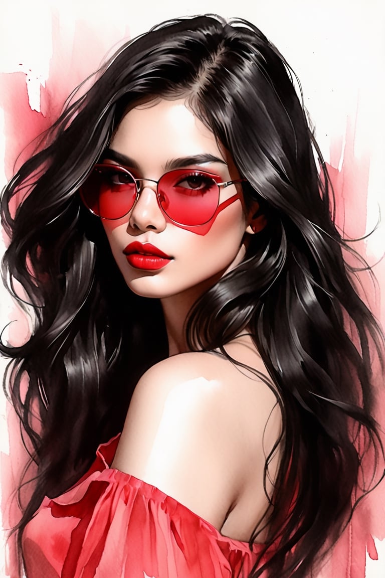 pencil Sketch of a beautiful  philipines woman 25 years old, , black long hair, red shades, disheveled alluring, portrait by Charles Miano, ink drawing, illustrative art, soft lighting, detailed, more Flowing rhythm, elegant, low contrast, add soft blur with thin line, full pink lips, black eyes, black- pink clothes.