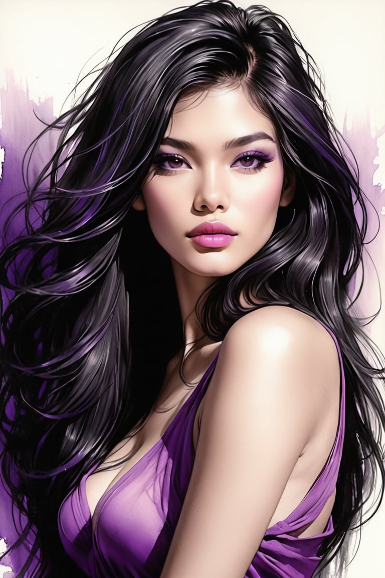 realistic, pencil Sketch of a beautiful  philipines woman 25 years old, , black long hair, purple shades, disheveled alluring, portrait by Charles Miano, ink drawing, illustrative art, soft lighting, detailed, more Flowing rhythm, elegant, low contrast, add soft blur with thin line, full pink lips, black eyes, black- pink clothes.