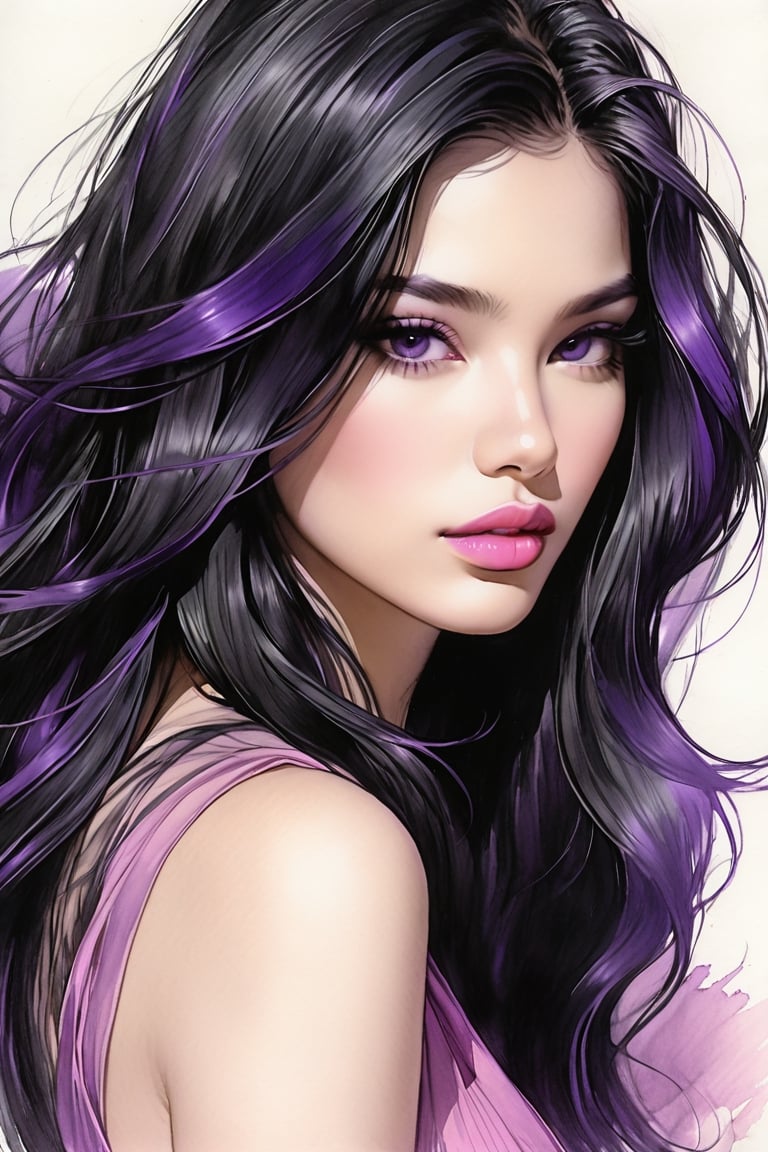 pencil Sketch of a beautiful  philipines woman 25 years old, , black long hair, purple shades, disheveled alluring, portrait by Charles Miano, ink drawing, illustrative art, soft lighting, detailed, more Flowing rhythm, elegant, low contrast, add soft blur with thin line, full pink lips, black eyes, black- pink clothes.