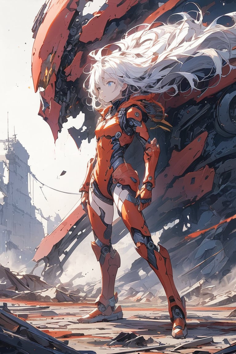 Captured in mid-stride, a lone figure emerges from the smoldering ruins: a slender young female cyborg with piercing blue eyes and striking white hair, clad in a futuristic black and red battle suit. The desolate alien battlefield stretches behind her, littered with twisted metal and shattered debris. Her gaze is fixed ahead, eyes blazing with determination as she surveys the devastation.,ghostrider