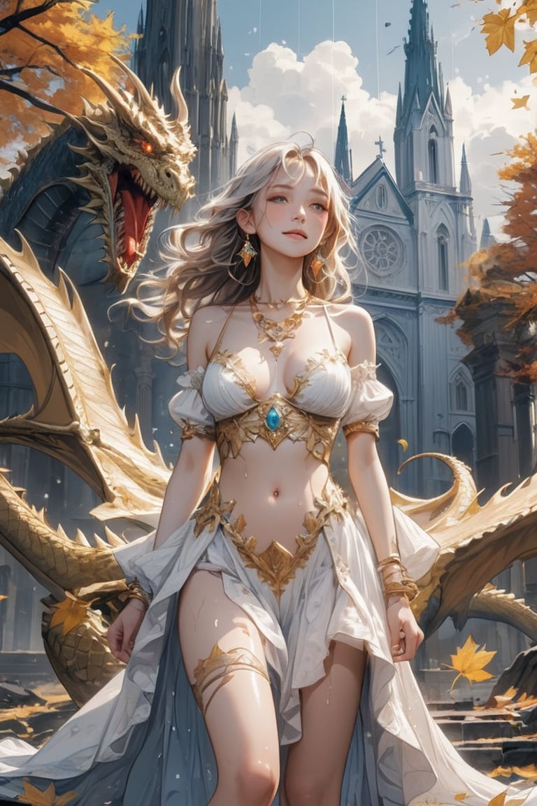 holding a board with text "Thanks for 10K likes!" text,,white dragon,dragonoid girl,(masterpiece, best quality, highres, anime style:1.5), (natural skin texture, sharp:1.2),chest raised, ((in the holy cathedral)),trees with golden leaves in the background,a group of dragons flying behind her, wearing shabby sexy clothes. （ruined church） ///brown eyes, glowing eyes, blond hair, long hair, hair between eyes, hair ornament, thigh strap, saggy breast, deep neckline, dress, bare_shoulders,white_dress,(wet clothes), earrings, fine gold necklaces, fine gold anklet, bare shoulders, bare belly, bare legs, deep of field, rain drop, neon, seductive smile, looking at viewer, light refraction, cinematic shot, frozen skin, masterpiece, best quality, detailmaster2, 8k, 8k UHD, ultra detailed, ultra-high resolution, ultra-high definition, highres,