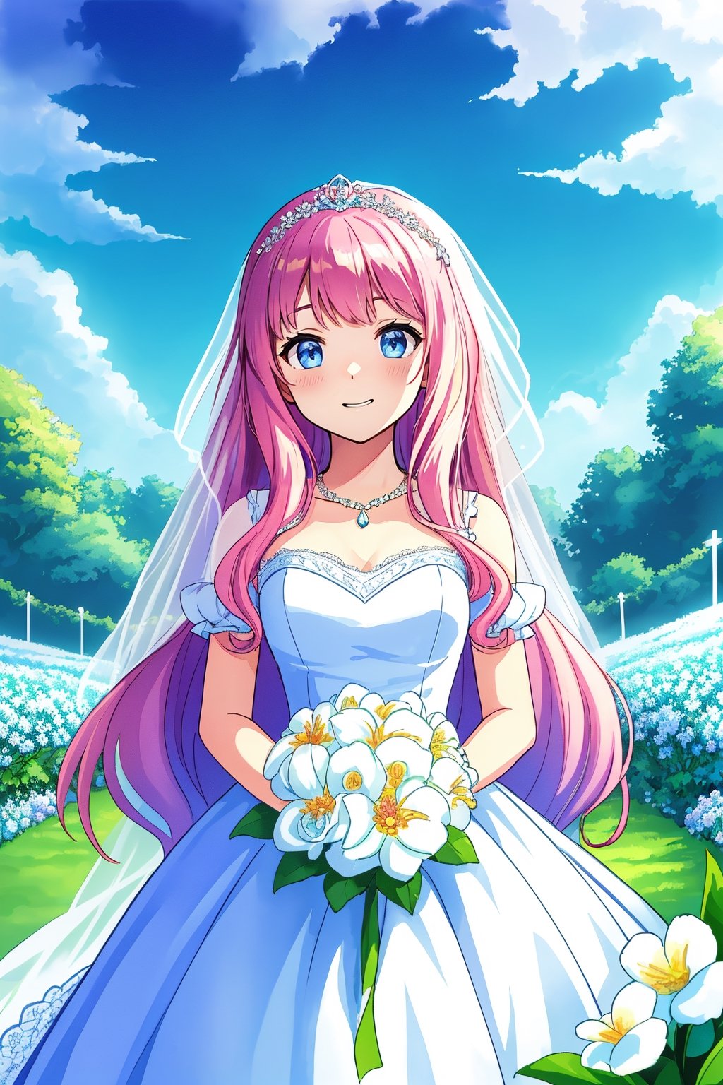 long hair, white flower garden, wedding dress, holding bouquet, sliming, blue sky, no cloud, smiling, open mouth ray tracing, cinematic lighting, cuteness, freedom, hope, sharp focus, vibrant color, depth of field, cowboy shot, (intricate detail:1.2), (white theme:1.4), (blue tone:1.4), illustration, watercolor art, perfect light, 1 girl, beautiful korean girl, over sized eyes, big eyes, smiling, looking at viewer