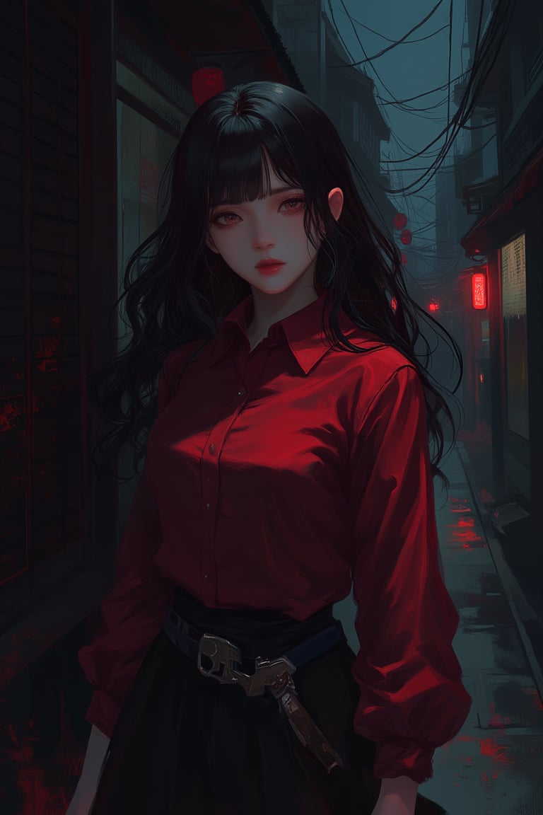 Female warrior, black hair, red shirt, dark alley, night, anime lines, sword hanging at waist, night city, street lights