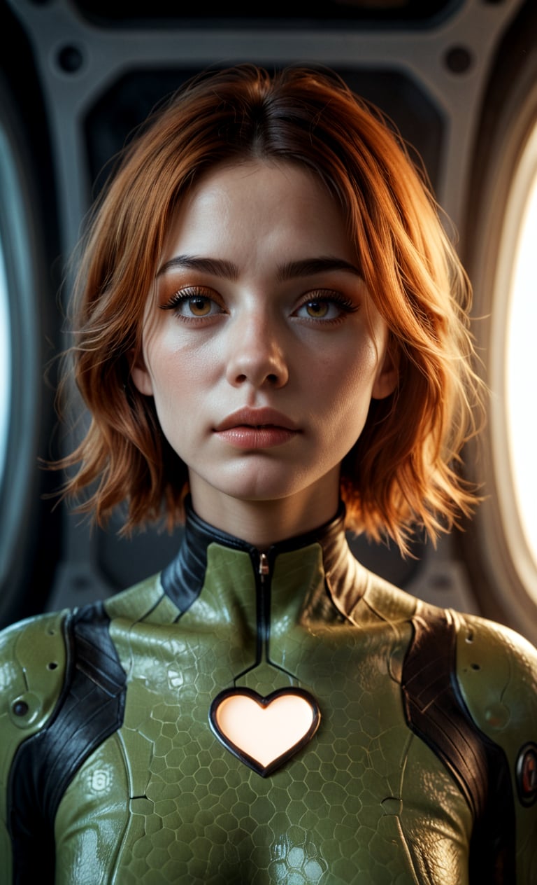 score_9, score_8_up, score_7_up, score_6_up, score_5_up, score_4_up score_9,score_8_up, 3D rendering, female character, digital art, photorealistic,scaled green body suit, heart shaped cutout, orange short bobbed hair,long eyelashes, subtle makeup, light skin, high-resolution image, soft lighting, dramatic lighting, spaceship background, science fiction, chiaroscuro, score_4_up