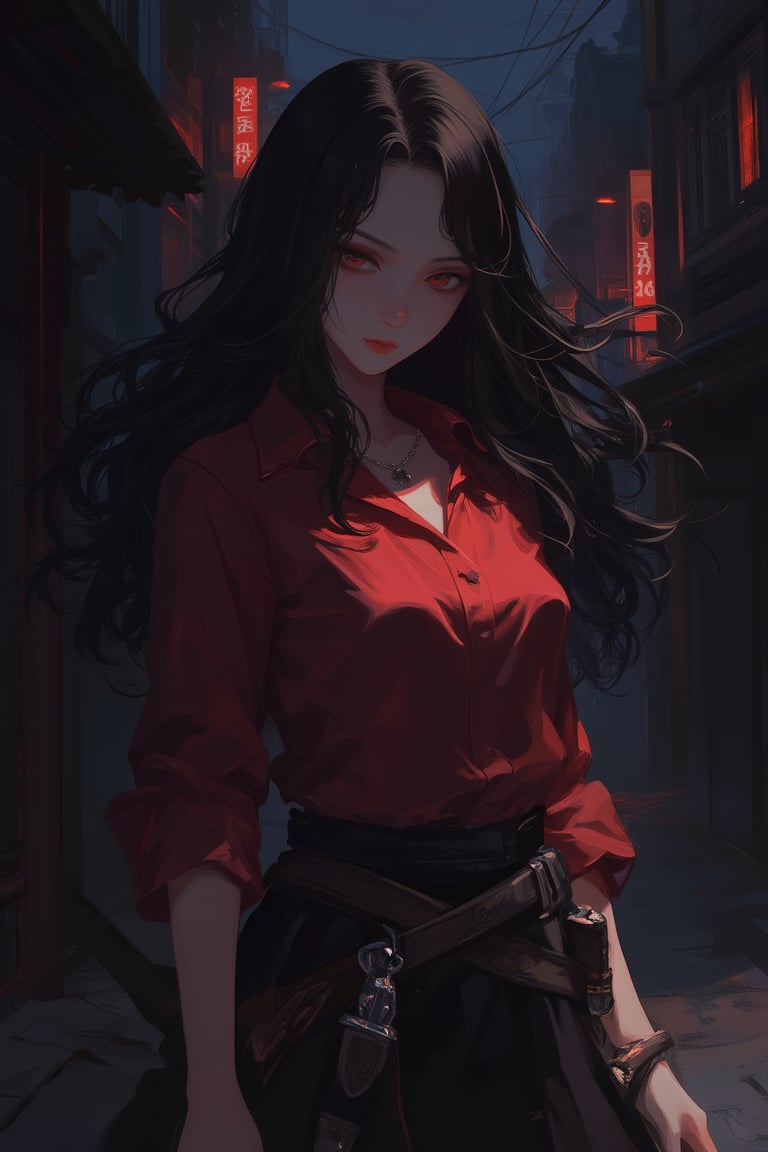 Female warrior, black hair, red shirt, dark alley, night, anime lines, sword hanging at waist, night city, street lights