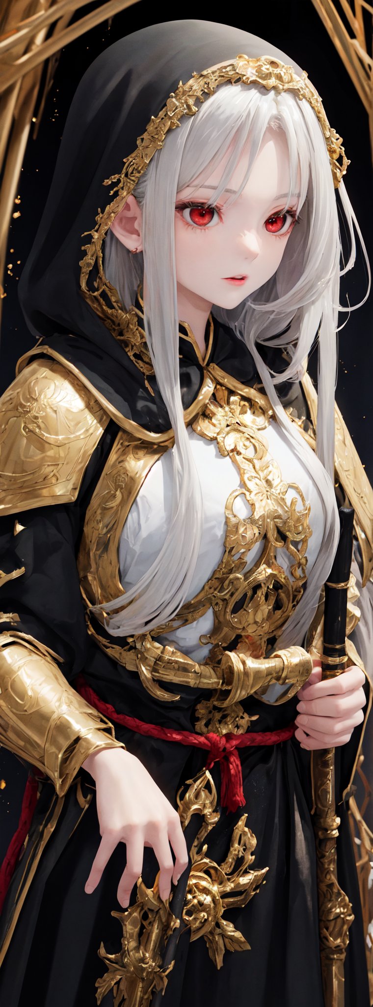  A picture composed of gold, white, black and red, the upper body is that of an ancient oriental beauty, with long flowing white hair, the hair strands are clearly visible, the face is pale, the skin is pale, and the expression is solemn. He was covered in a large black cloak and held a white sword. Facing the audience, gold foil falls