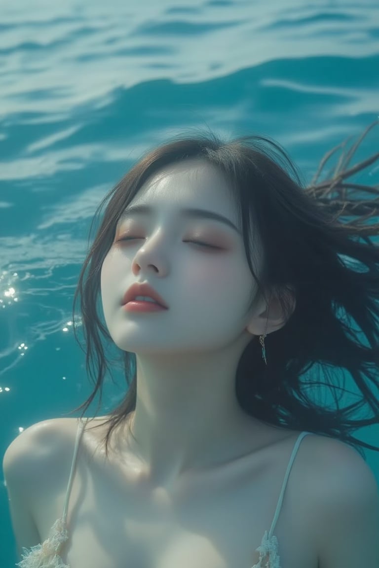 Masterpiece, high quality, cinematic lighting, bright colors, the girl closes her eyes and floats on the sea, with only her face above the water