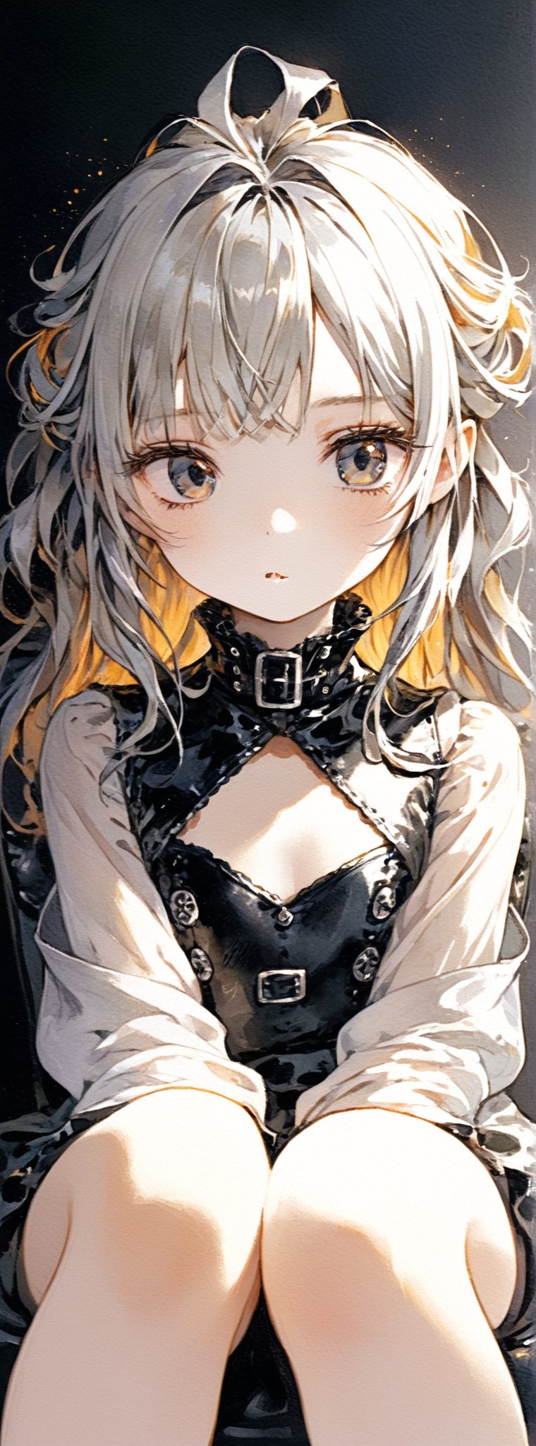 masterpiece, highly detailed full body image of ayoung girl with light gray eyes, Light orange long hair, punk hairstyle, sweet and shy expression,cozy lighting, very dark background, wearing a black mini dress, sitting in a leather chair, unusual composition, use of negative space, spectral, close-up, detailed eyes, detailed mouth,LegendDarkFantasy