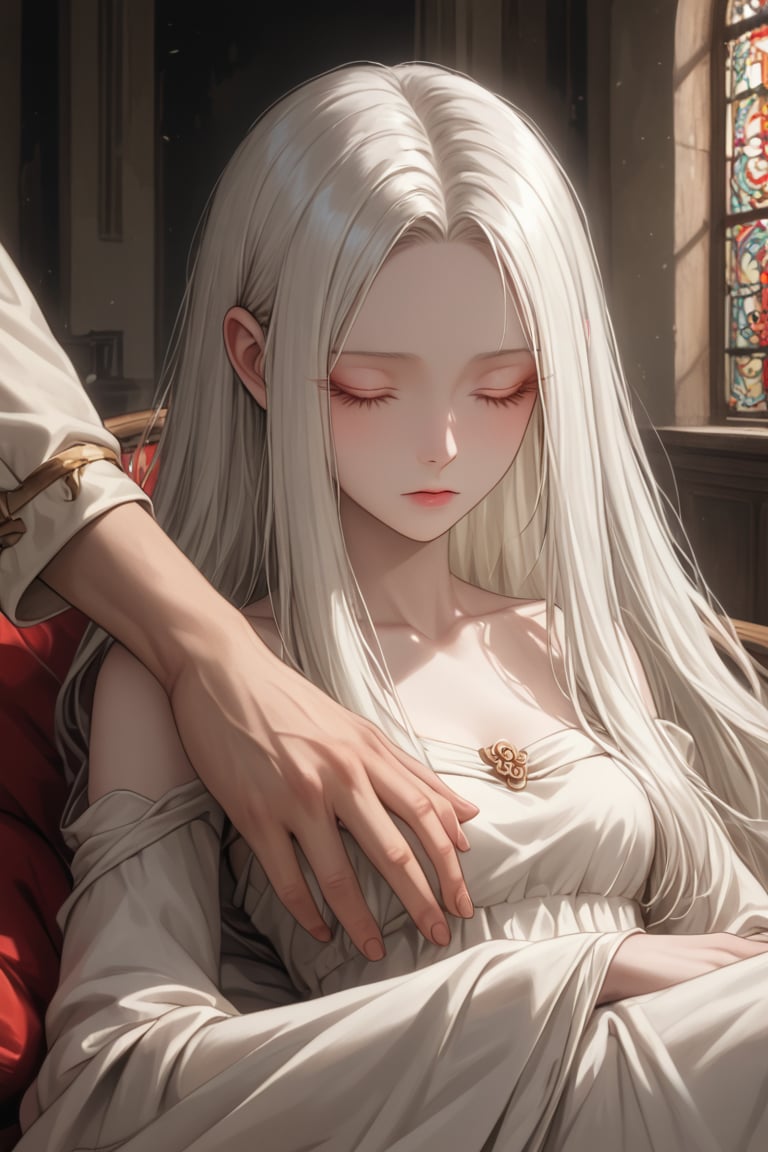 albino demon girl,lounging in an egg-shaped cradle. Her slender figure reclines comfortably within the smooth, curved interior, surrounded by the warmth and security of the eggshell. With eyes closed and a peaceful expression, she appears serene and content, her pale skin glowing softly in the gentle light. Long lashes frame her closed eyes, and her delicate features convey a sense of tranquility and beauty. Despite the unconventional setting, she exudes an aura of quiet grace and otherworldly charm,princess