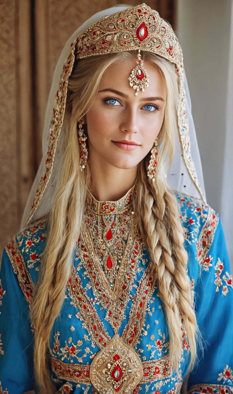 A woman of Scandinavian descent, long beautiful blonde hair, blue eyes, perfect beauty, wearing a beautiful traditional Tajik bridal costume.The luxurious dress is intricately embroidered in gold and red and is very colorful. full of happiness,
,emo,hubggirl,masterpiece