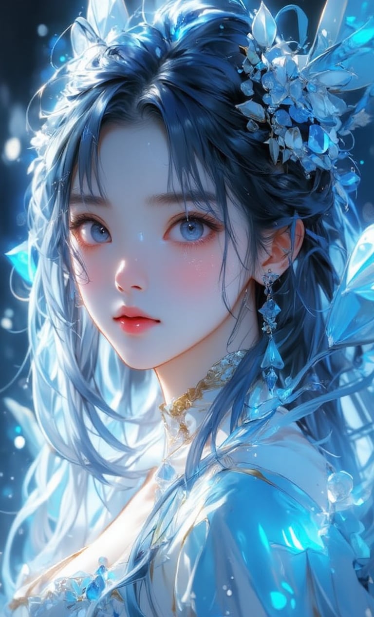 1girl, most beautiful korean girl, Korean beauty model, stunningly beautiful girl, gorgeous girl, 20yo, over sized eyes, big eyes, smiling, looking at viewer, ((Cowboy Shot: 1.5)), very beautiful, long transparent white/blue hair, blue eyes, liquid, wet, water, blue color pallete aesthetic lighting, lot of details, narue ,1 girl,misty, holographic, ,light painting, futuristic digital, realistic sci-fi, lights, gold filigree, silver lashes, diamond, ethereal, misty, holographic