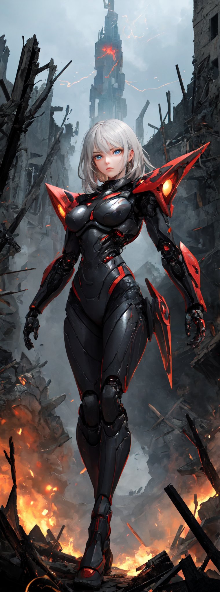 Captured in mid-stride, a lone figure emerges from the smoldering ruins: a slender young female cyborg with piercing blue eyes and striking white hair, clad in a futuristic black and red battle suit. The desolate alien battlefield stretches behind her, littered with twisted metal and shattered debris. Her gaze is fixed ahead, eyes blazing with determination as she surveys the devastation.,ghostrider,misty, holographic, ,light painting, futuristic digital, realistic sci-fi, lights, gold filigree, silver lashes, diamond, ethereal, misty, holographic