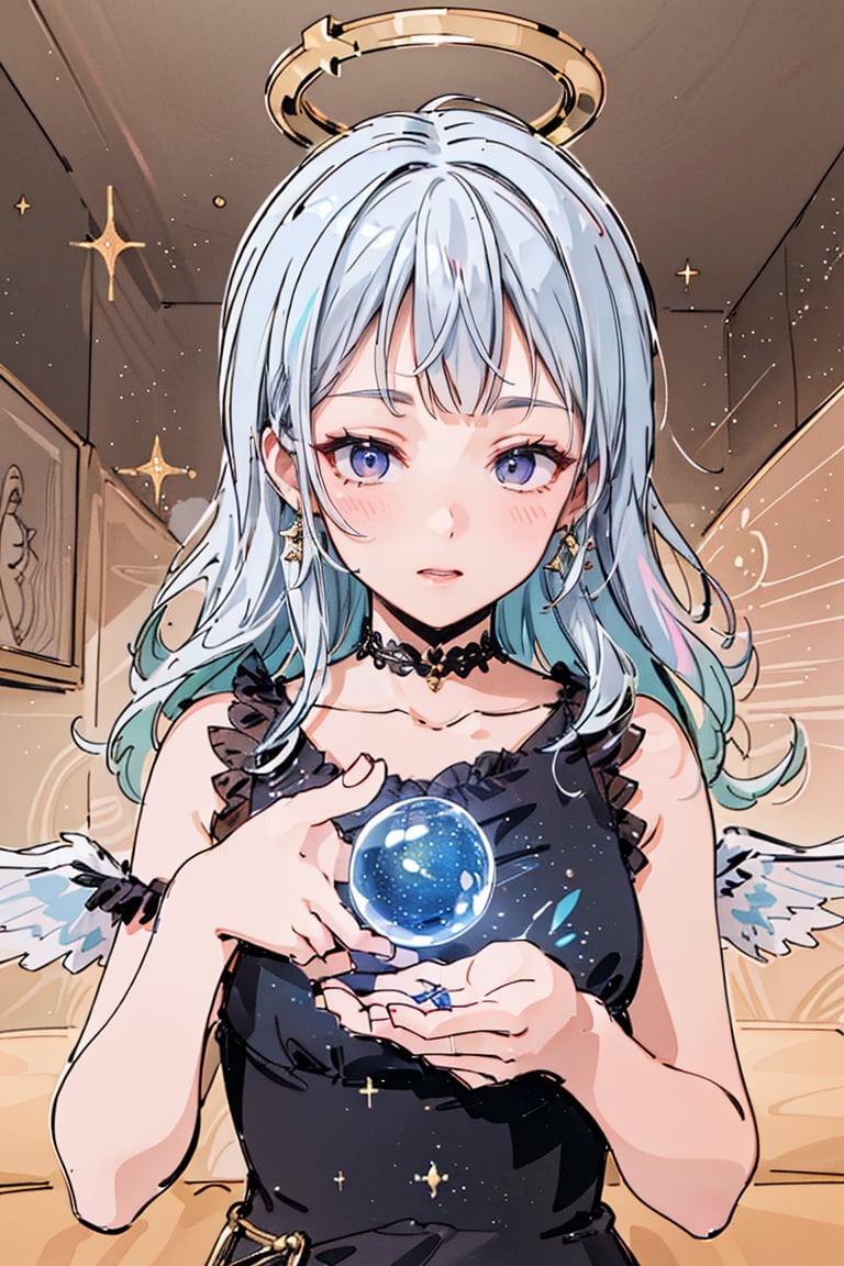 (masterpiece, best quality, CGI, official art:1.2), (stunning celestial being:1.3), (iridescent wings:1.4), shimmering silver hair, piercing sapphire eyes, gentle smile, (luminous aura:1.2), soft focus, whimsical atmosphere, serene emotion, dreamy tone, vibrant intensity, inspired by Hayao Miyazaki's style, ethereal aesthetic, pastel colors with (soft pink accents:1.1), warm mood, soft golden lighting, diagonal shot, looking up in wonder, surrounded by (delicate clouds:1.1) and (shimmering stardust:1.2), focal point on the being's face, intricate textures on wings and clothes, highly realistic fabric texture, atmospheric mist effect, high image complexity, detailed environment, subtle movement of wings, dynamic energy.