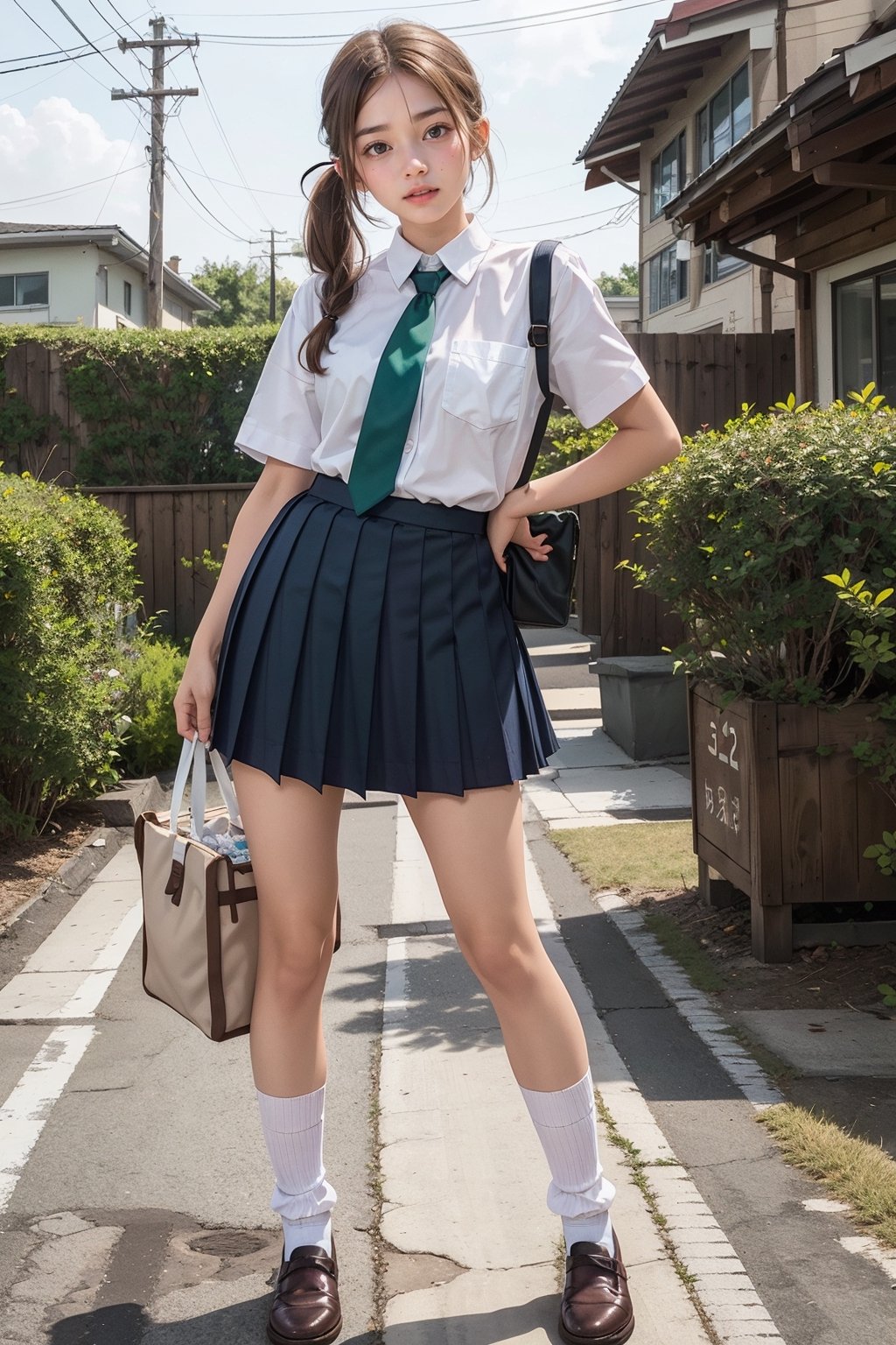 1girl,light brown hair,lower pony tail,fore head, tanned skin,school uniform white collored shirts short sleeve, green ribbon tie,skirt micro short length,all white socks,lofer,full body,outdoor,school building,loose socks