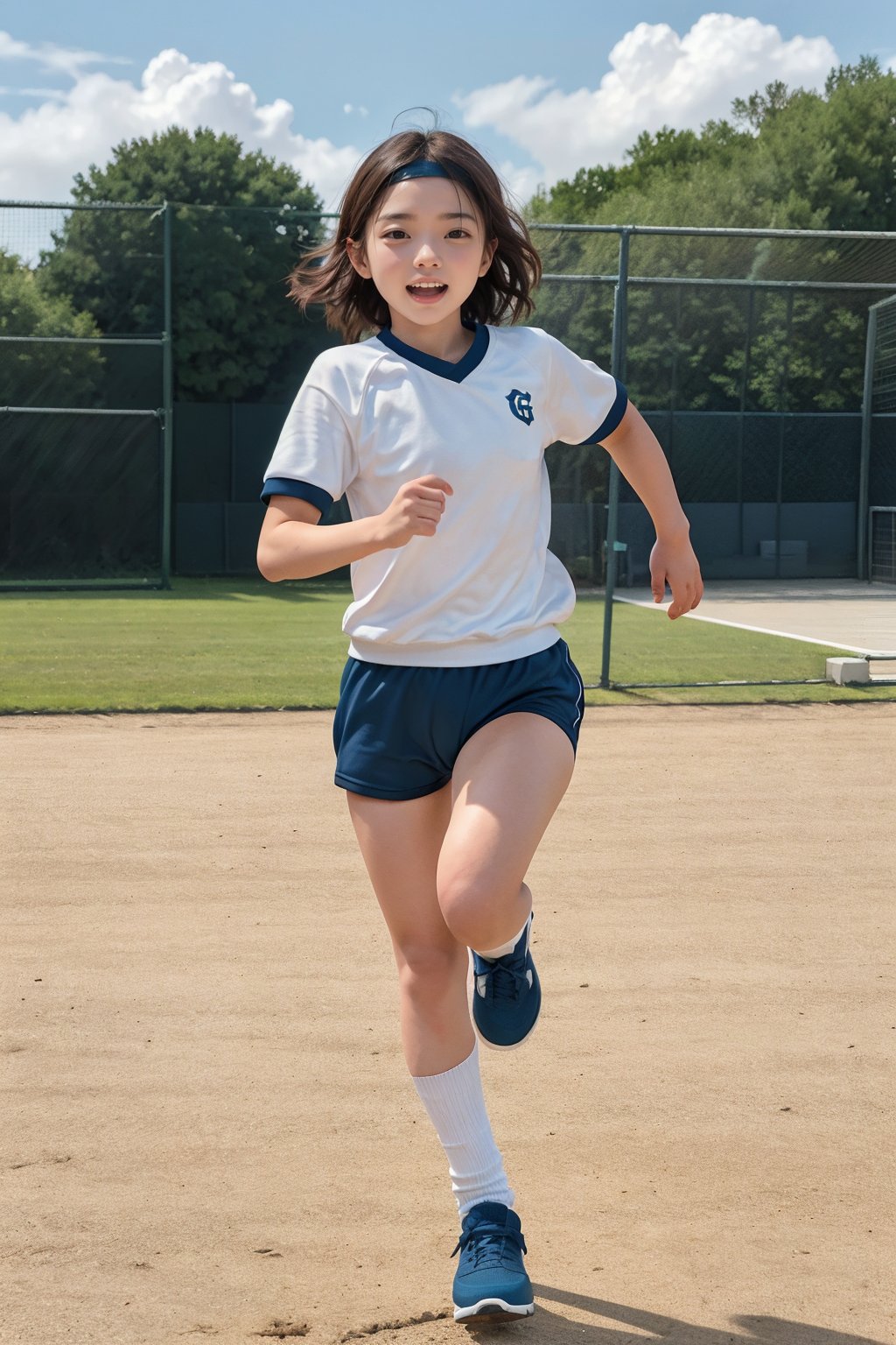 1girl 14years old,(((short stature))),grin face, japanese,black eye,brown hair,middle straight hair,head band,gym uniform white sweat shirts short sleeve,((dark blue buruma thigh:1.3)),white loose socks,white sneaker,running,full body_shot,gr buruma,outdoor,athletics ground,net far away,