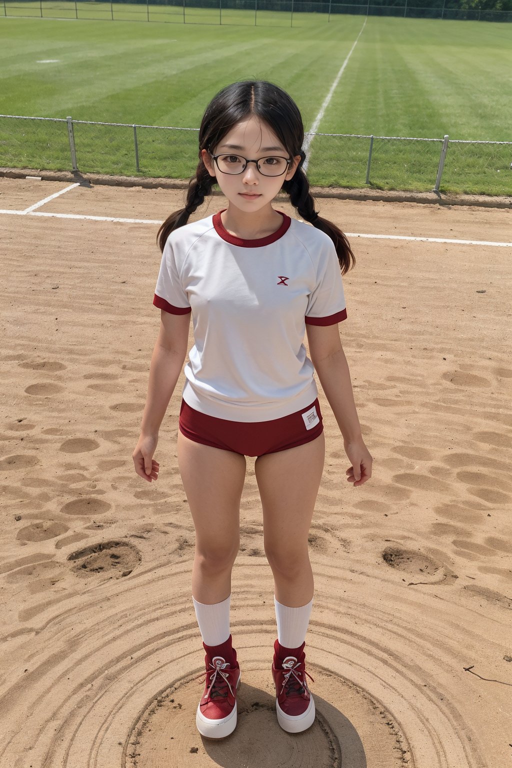 1girl,14years old,(((short stature))), japanese,black eye,glasses,black hair,single_braid,head band,gym uniform white shirts short sleeve,((dark red buruma thigh:1.2)),((white short socks)),((white sneaker)),standing,from above,full body_shot,gr buruma,outdoor,athletics ground,net far away,