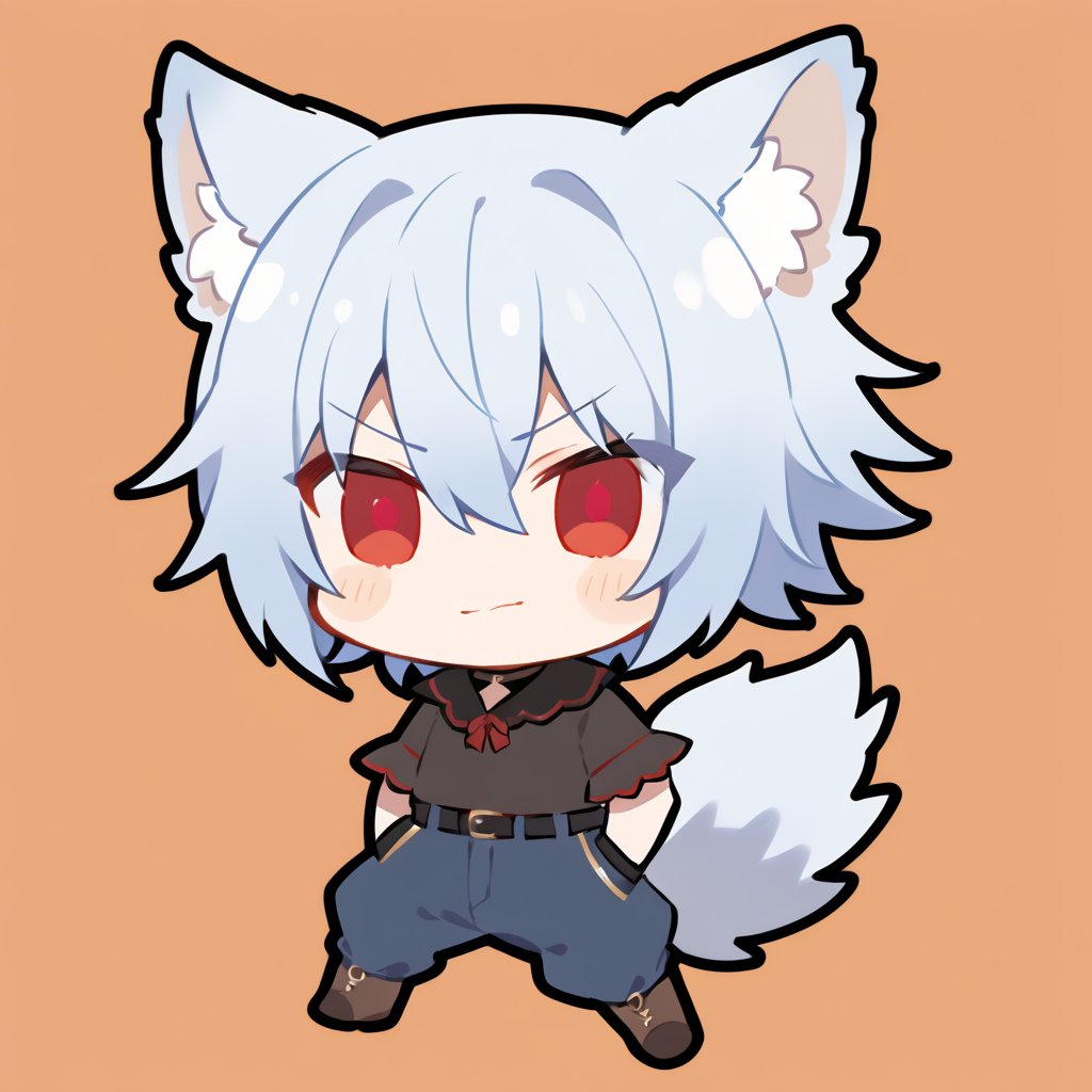 1child boy alone (light blue hair) short hair (hair between eyes) red eyes alone smile black t-shirt blue pants brown boots wolves (chibi) blushing (simple background) halloween transylvania), (highlight in the eyes), serious look, serious expression, wolf ears, wolf tail