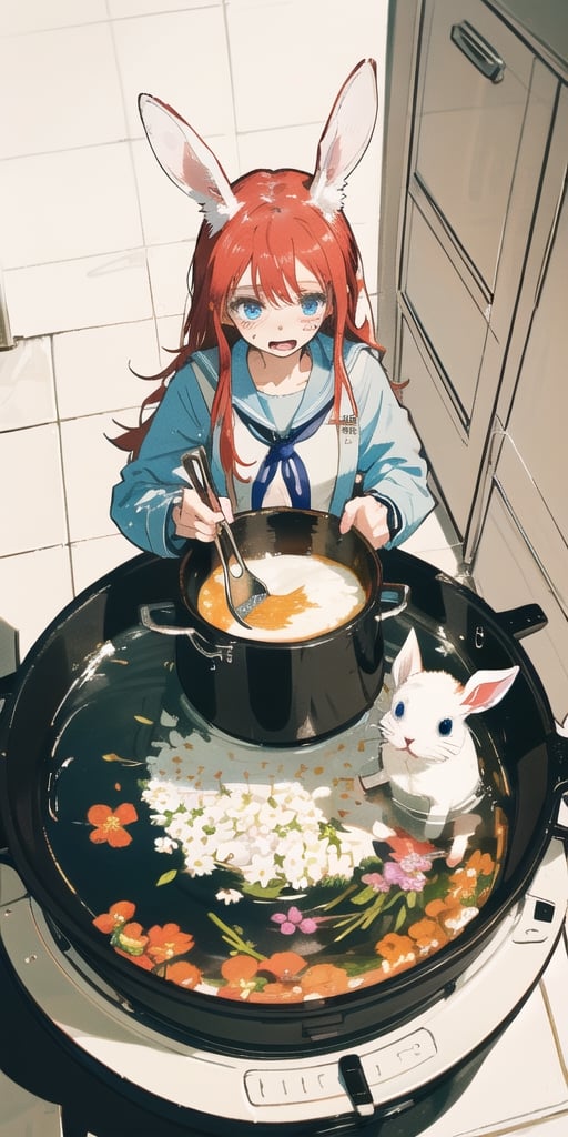 //quality, masterpiece, high_resolution, detailed, ((high quality)),,//character, ((1girl)), ,(rabbit_girl|white_rabbit_ears|red hair|blue eyes),long hair, sailor suit,( (speech_bubble|,?,???,|question_mark|)),//,(, ,large_cooking_pot,flower,flowers in the pot,holding the pot),// (panicking),wet,wet_hair, ( scared), cold sweat, nervous,// background, ((room, interior)),more detail XL,aesthetic,((,from_above,seen_from_above,))