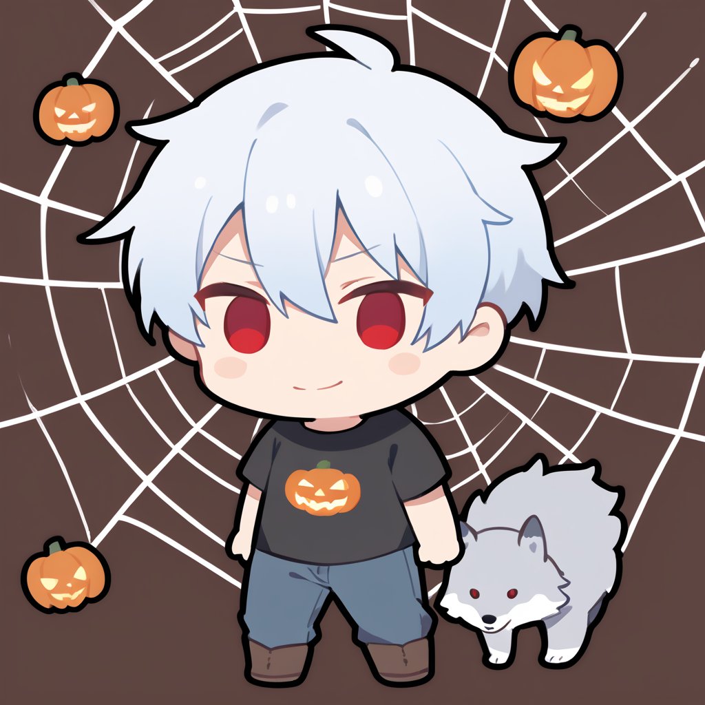 1child, boy, alone, (light blue hair,) short hair, (hair between eyes), red eyes, alone, smile, black t-shirt, blue pants, brown boots, wolves, spider web, (chibi,), blushing,,, ( simple halloween background ), (eye highlight), serious look