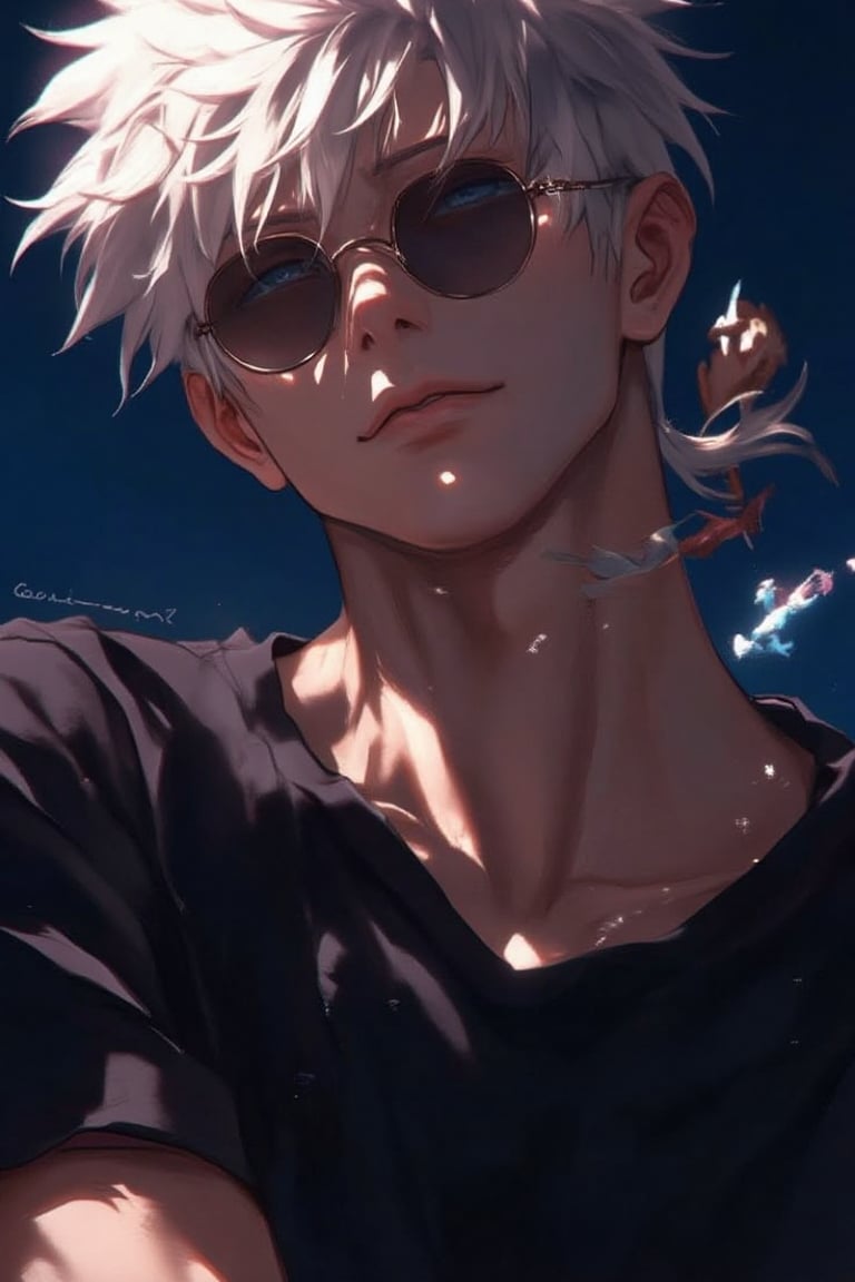 solo, looking at viewer, short hair, bangs, blue eyes, shirt, 1boy, closed mouth, upper body, white hair, short sleeves, male focus, black shirt, sunglasses, round eyewear,gojou satoru, close-up,Anime art