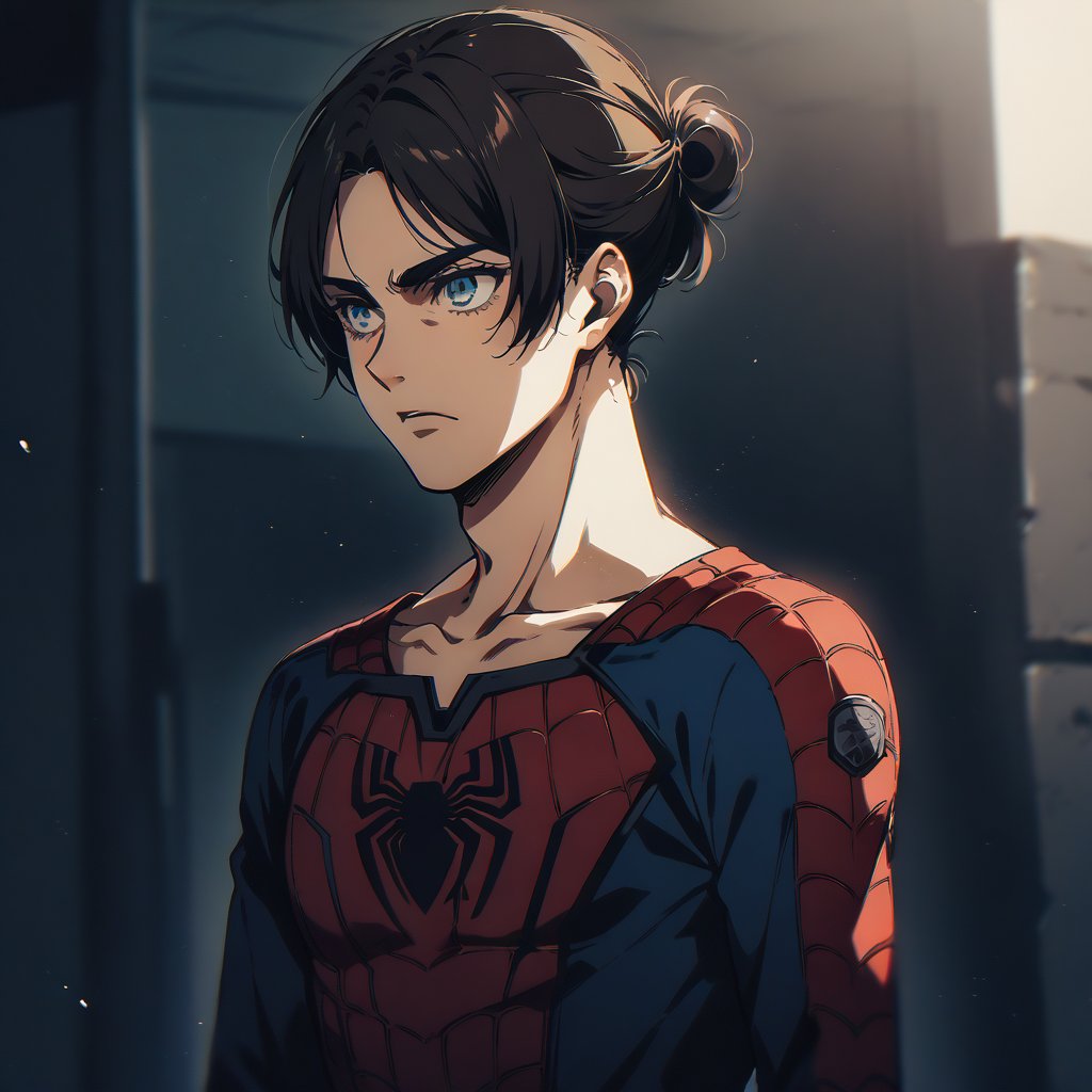 score_9, score_8_up, score_7_up,1boy,,eren_yeager_s4,brown hair,blue eyes,short hair,hair bun,single hair bun,as spiderman 