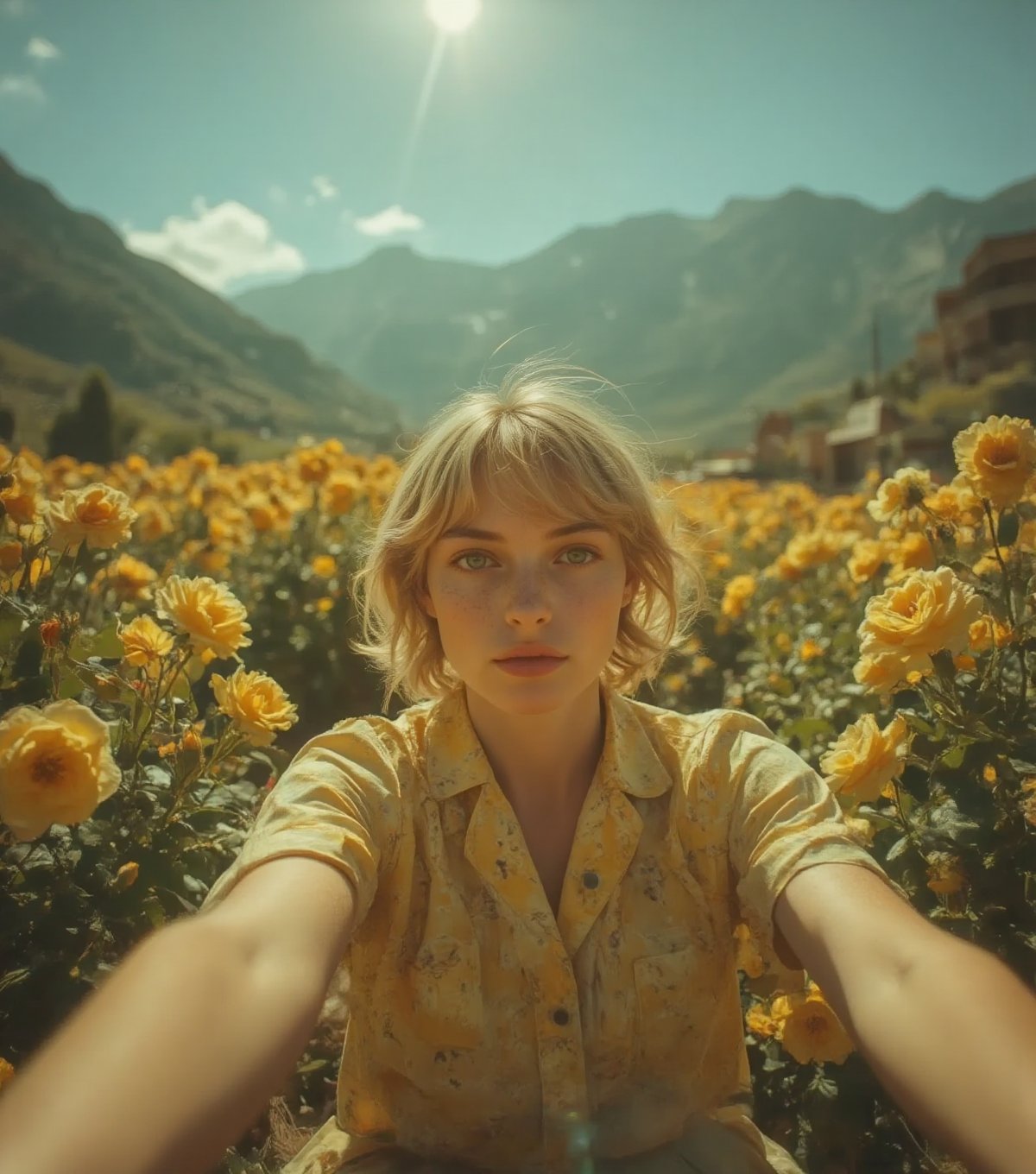 A woman with short blonde hair take selfie in a Valley full of yellow roses pov,Midjourneyart 