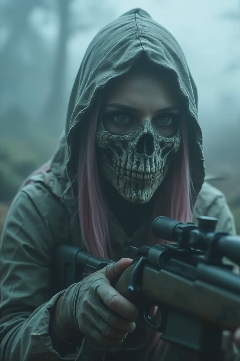 Extreme close up,a woman  wearing a tattered hood and an intricate skull-patterned  mask covering her mouth  stares intensely into the distance, gripping a sniper rifle. Long, ethereal pink hair cascades from beneath the hood, contrasting with the dark, muted tones of the clothing. The background is misty, enhancing the mysterious and ominous atmosphere of the scene.   ,Midjourneyart,Young woman,SkullMaskXmiya