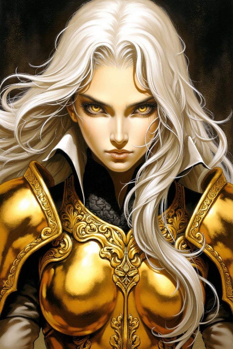 A realistic illustration of a girl with long, flowing white hair and piercing yellow eyes, wearing ornate golden armor. The style is influenced by Ayami Kojima, with a blend of intricate line work and realistic textures. The lighting is dramatic, with highlights accentuating the details of her armor and the contrast between her pale skin and the golden metal. Her expression is fierce and determined. The composition centers on her upper body, capturing the elegance and strength of her attire.