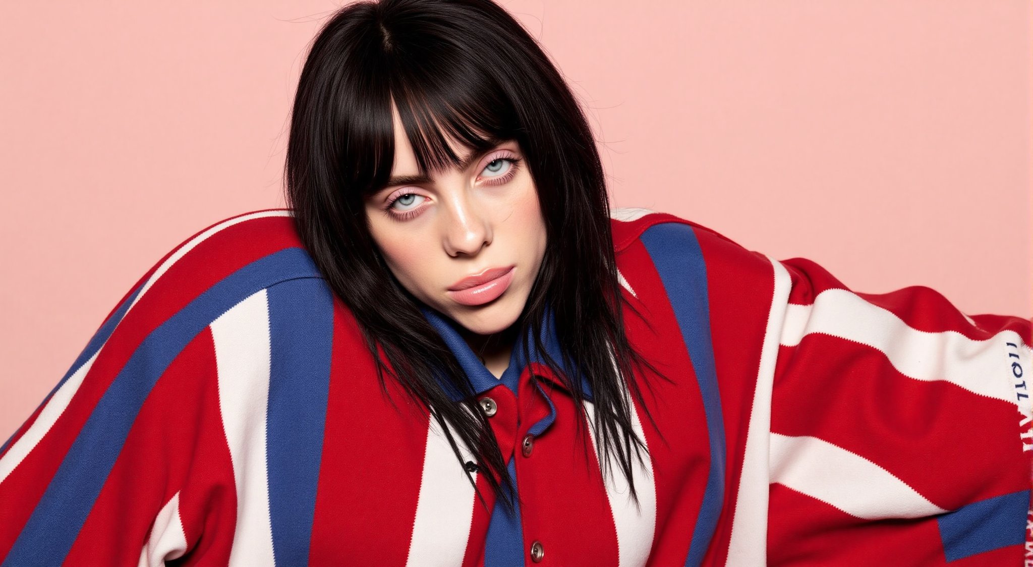 Billie eilish, black long hair, bangs,red and blue big oversize t shirt,with white base t shirt color,the tshirt haves a text who says "ILOMILO", perfect, music video