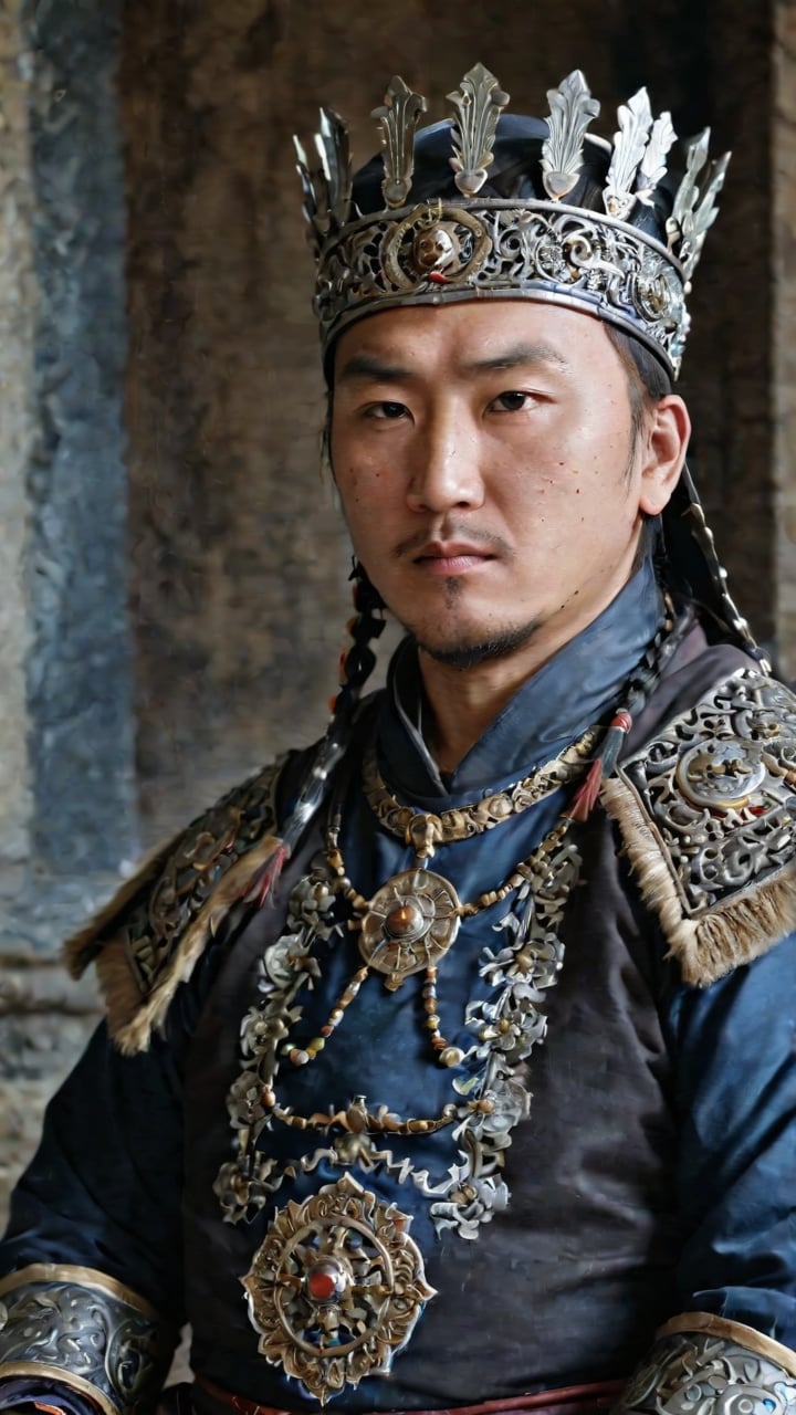 a cinematic long portrait, manly king mongol, sitting with a intricate king attire, photorealistic, dramatic photography, professional composition, high definition, very detailed photography, soft contrast, muted tones, cinematic colorsshot with a Zeiss Otus 55 mm lens F/1.4, volumetric light, inside a dark castle, film grain, film vignette, Extremely Realistic, dark moody atmosphere, dark and moody