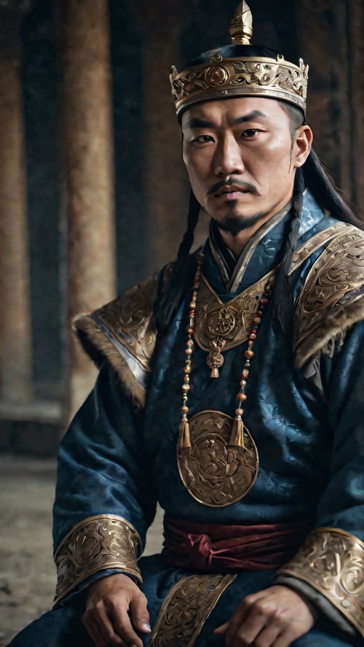 a cinematic long portrait, manly king mongol, sitting with a intricate king attire, photorealistic, dramatic photography, professional composition, high definition, very detailed photography, soft contrast, muted tones, cinematic colors, shot with a Zeiss Otus 55 mm lens F/1.4, volumetric light, inside a dark castle, film grain, film vignette, gloomy atmosphere, dark scene, textured skin face