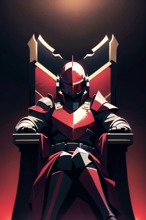 A powerful image unfolds:

Taskforce Commander, clad in black military dress and full-body armor, sits regally upon a throne, eyes blazing red with intensity. A helmet adorns their head, while their uniform reflects the weight of responsibility. The dark, crimson-stained backdrop serves as a grim reminder of the battles fought and won.