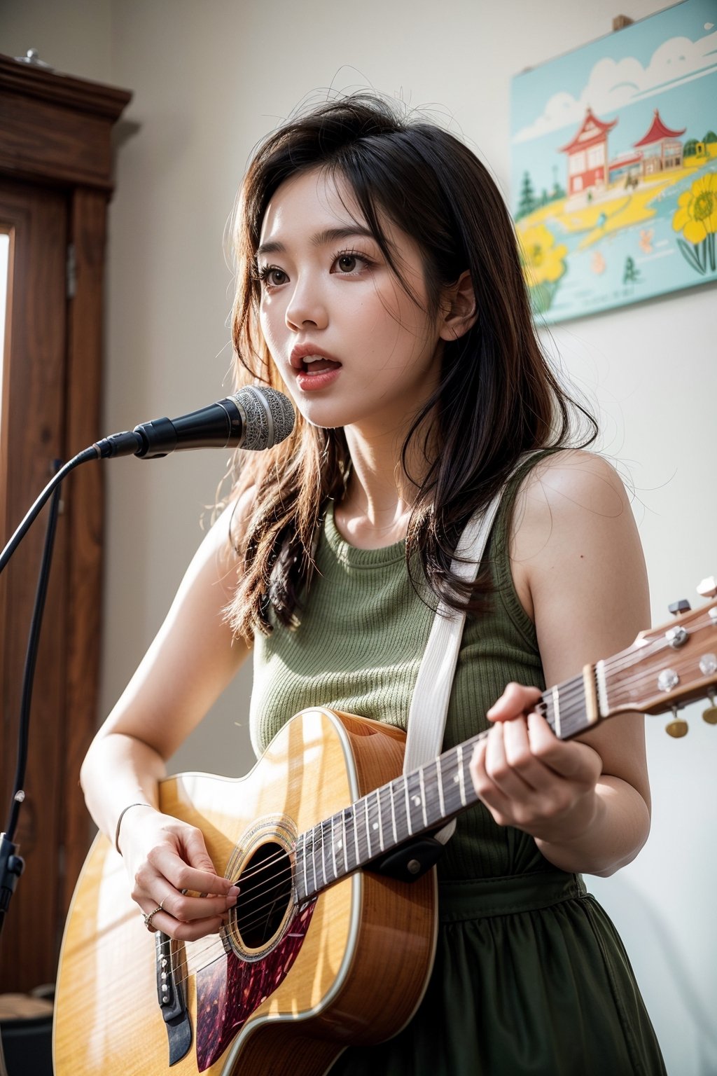 beautiful asian girl is seen singing and strumming a guitar, the atmosphere is warm and pleasant. art alcohol, abstract details. A Wes Anderson style pier, pastel color palette, retro vibes.