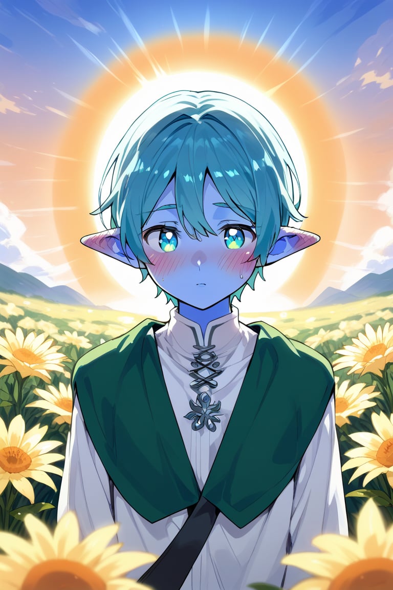 an elf man with blue skin, shiny, shine, sun, blushing, flowers 1man

