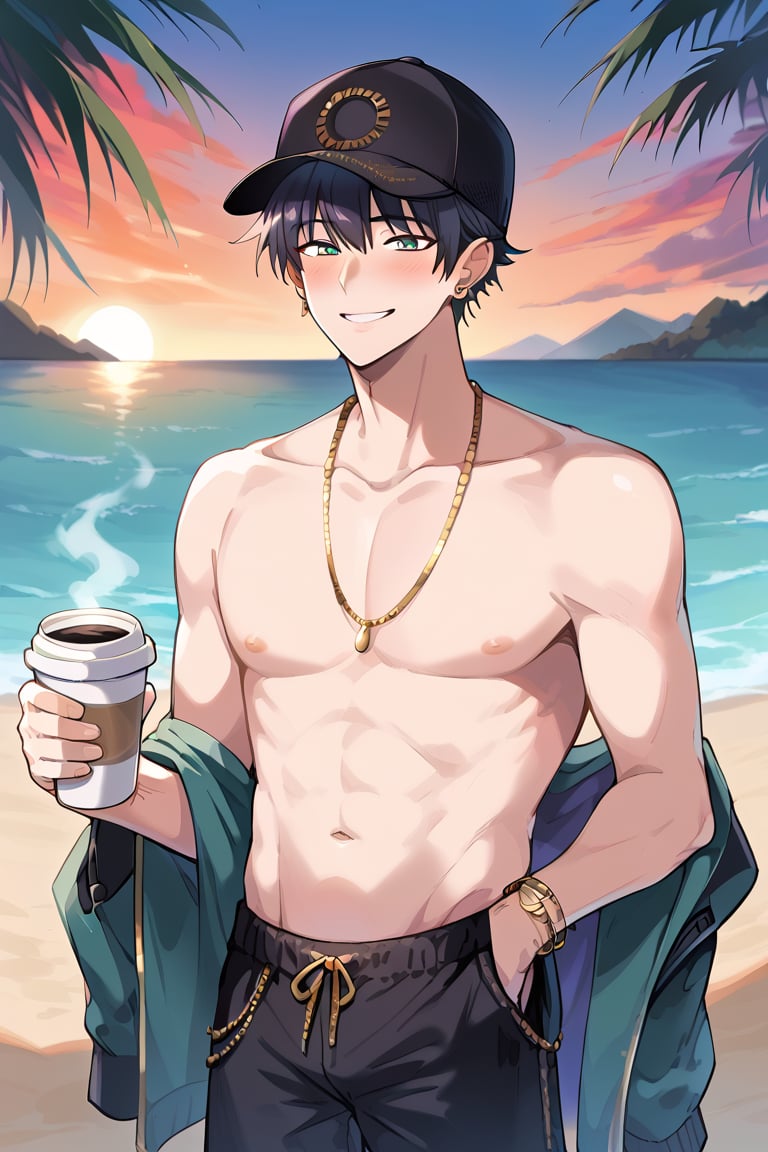 sBlushing man with earrings, pilcing, sagging shorts, no shirt, baseball cap on the back, gold necklaces, sunset, beach sexy, hot coffee cup, smile