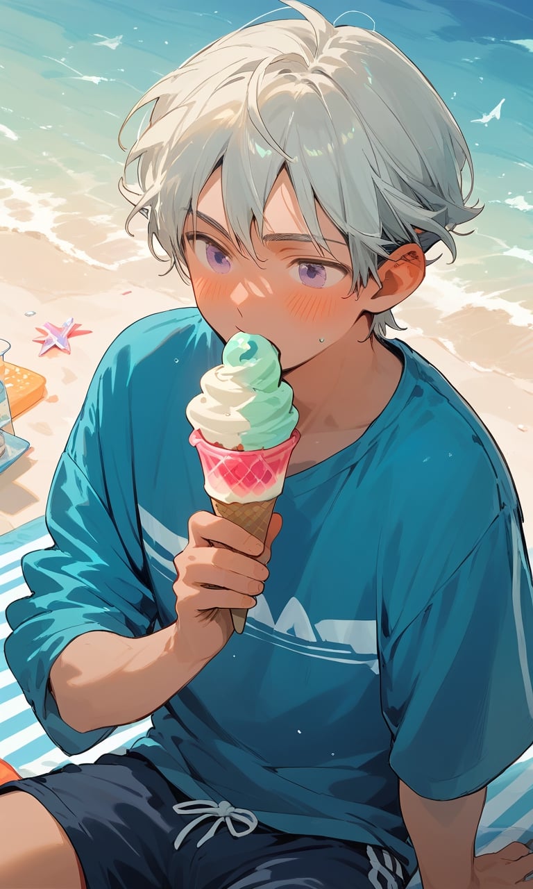 Score_9, Score_8_up, Score_7_up, Score_6_up, Score_5_up, Score_4_up,a man in shorts eating ice cream, beach blushing,eltsihtpnxl