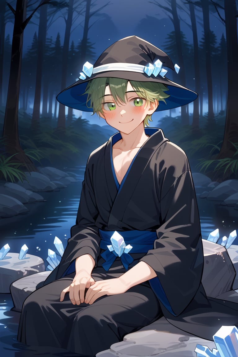 a man in a pointed hat a blushing black robe, sexy, sitting on a rock, night, crystal clear water, forest, sexy smile, blushing,  ,looking at the viewer

