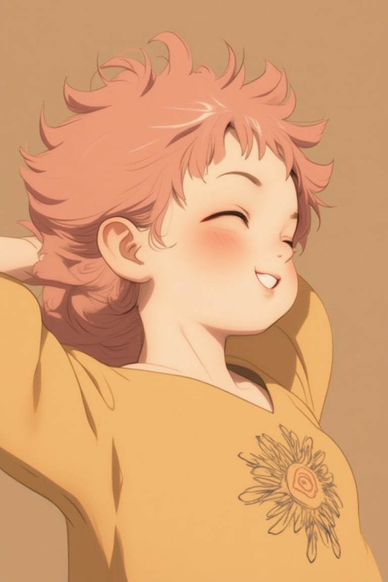 fluffy_cheek, joyful boy with wavy hair in a low bun, dressed in a simple dress with a traditional print.  poses with her eyes closed and hands behind her head, showing a big smile.,yuuji_itadori,pink hair,brown eyes,short hair,undercut,spiked hair