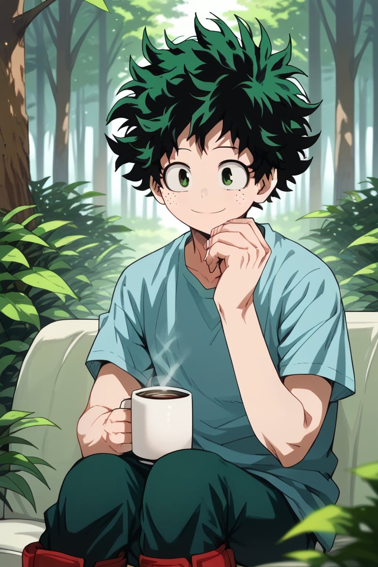 anime, man, sexy pose,1 man, alone,sitting on a sofa, surrounded by flowers, big cup of coffee, forest,izuku_midoriya, green hair, green eyes, short hair, looking my, smile