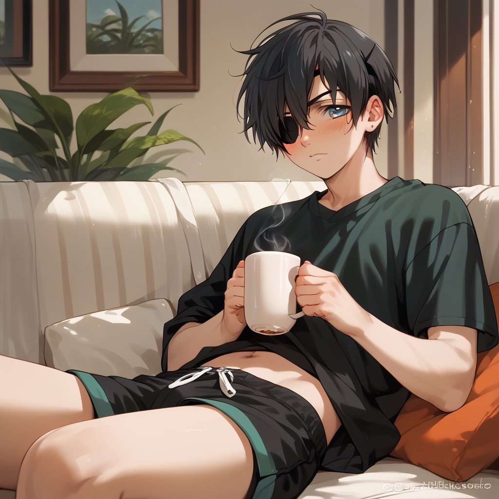 Score_9, Score_8_up, Score_7_up, Score_6_up, Score_5_up, Score_4_up,aa man with an eye patch, in shorts, sitting on a sofa, having a cup of tea , looking at me, lifting his shirt, blushing, sexy blushing,ciel_phantomhive