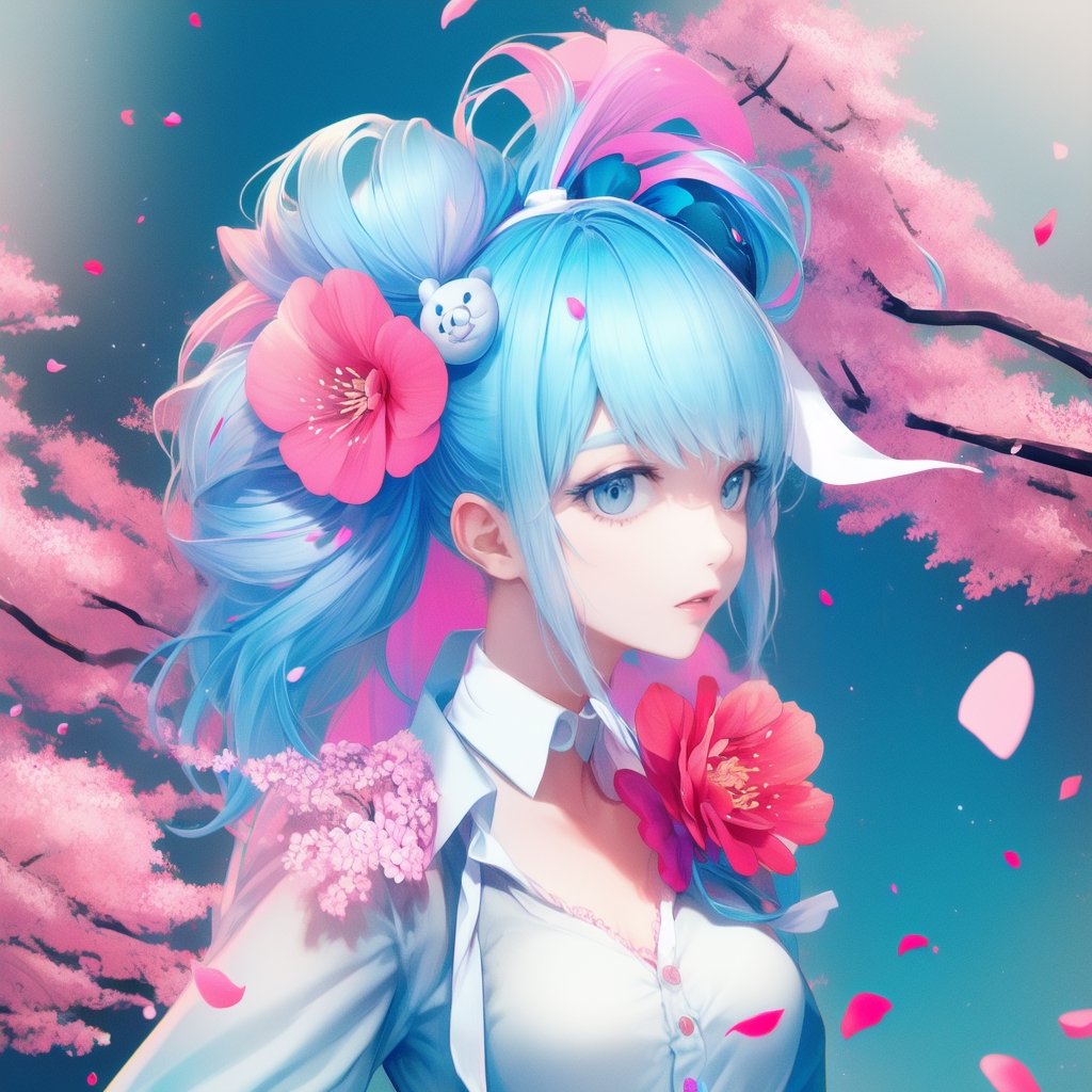 1girl, solo, long hair, looking at viewer, blush, smile, bangs, blue_hair,blue eyes, shirt, hair ornament,tiny_breasts, ribbon, blue hair, hair ribbon, upper body, pink hair, flower, multicolored hair, parted lips, hair flower, streaked hair, petals, hair intakes, blue ribbon, cherry blossoms, pink flower