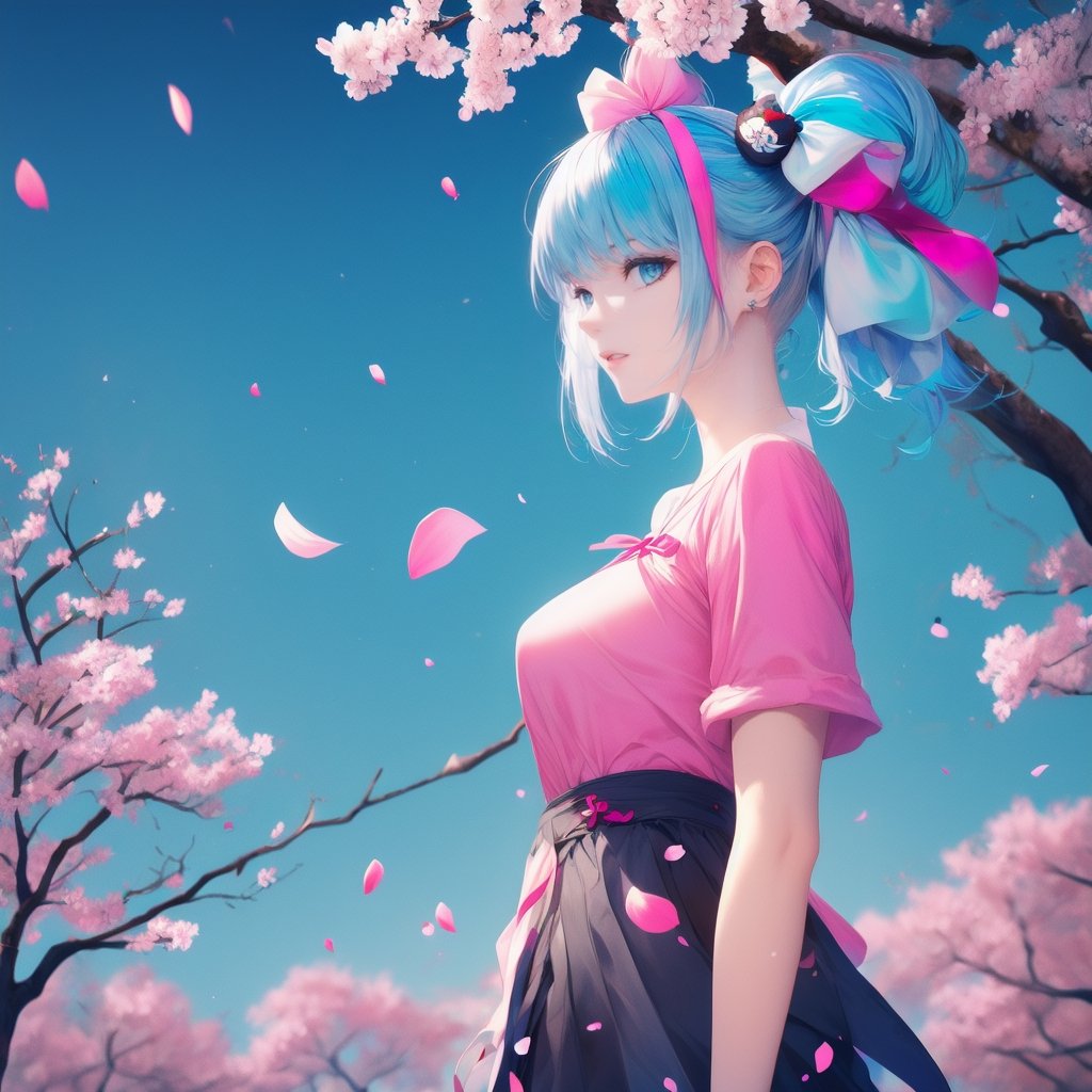 1girl, solo, long hair, looking at viewer, blush, smile, bangs, blue_hair,blue eyes, shirt, hair ornament, no_breasts, ribbon, blue hair, hair ribbon, upper body, pink hair, flower, multicolored hair, parted lips, hair flower, streaked hair, petals, hair intakes, blue ribbon, cherry blossoms, pink flower