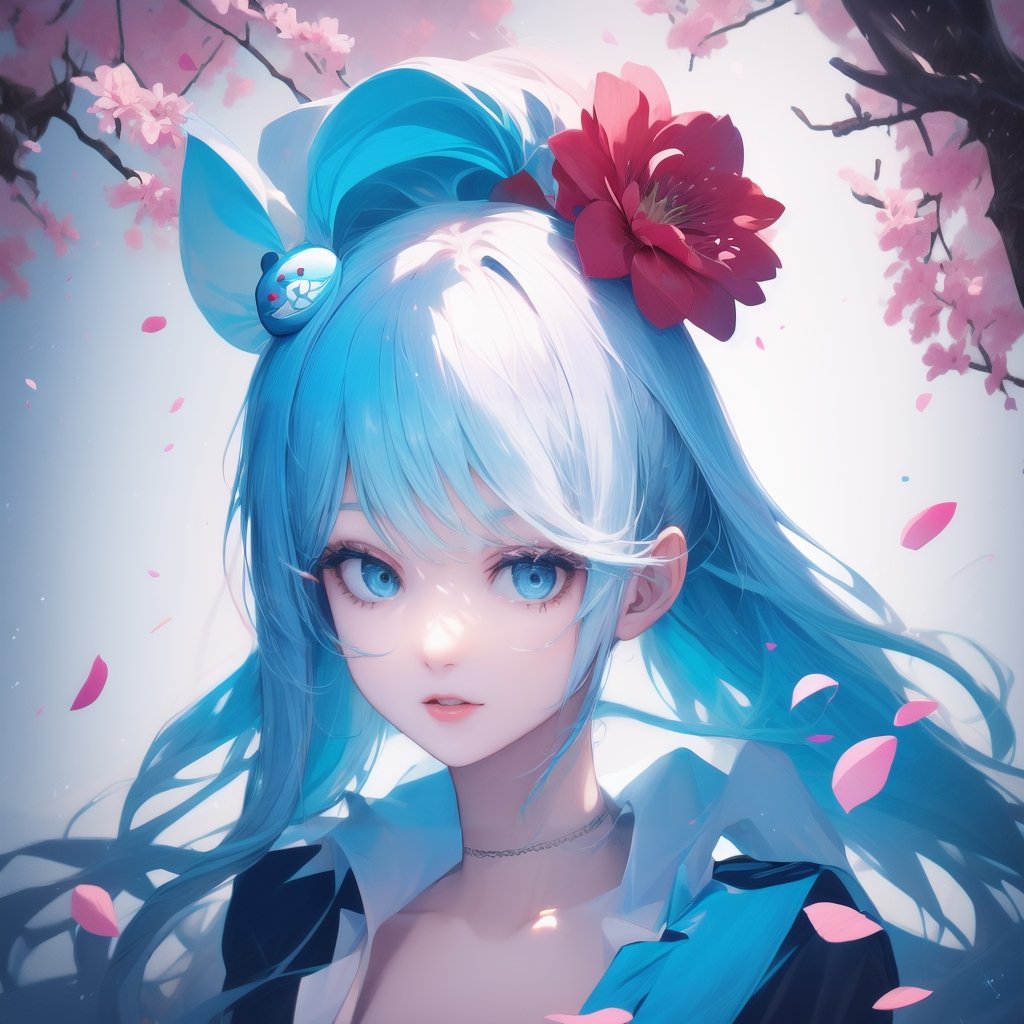 1girl, solo, long hair, looking at viewer, blush, bangs, blue_hair,blue eyes, shirt, hair ornament, ribbon, blue hair, hair ribbon, upper body, pink hair, flower, multicolored hair, parted lips, hair flower, streaked hair, petals, hair intakes, blue ribbon, cherry blossoms, pink flower,hoshino