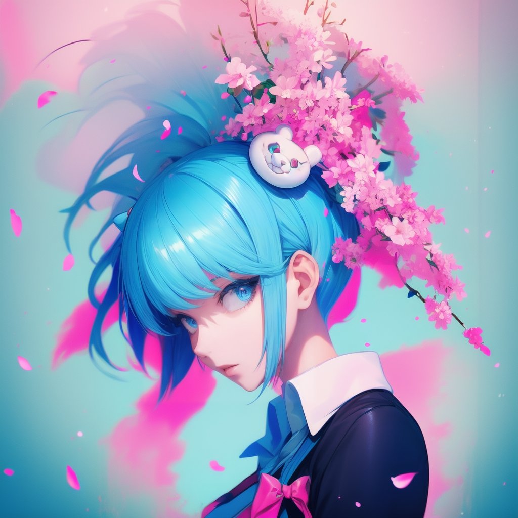 1girl, solo, long hair, looking at viewer, blush, bangs, blue_hair,blue eyes, shirt, hair ornament, ribbon, blue hair, hair ribbon, upper body, pink hair, flower, multicolored hair, parted lips, hair flower, streaked hair, petals, hair intakes, blue ribbon, cherry blossoms, pink flower,hoshino