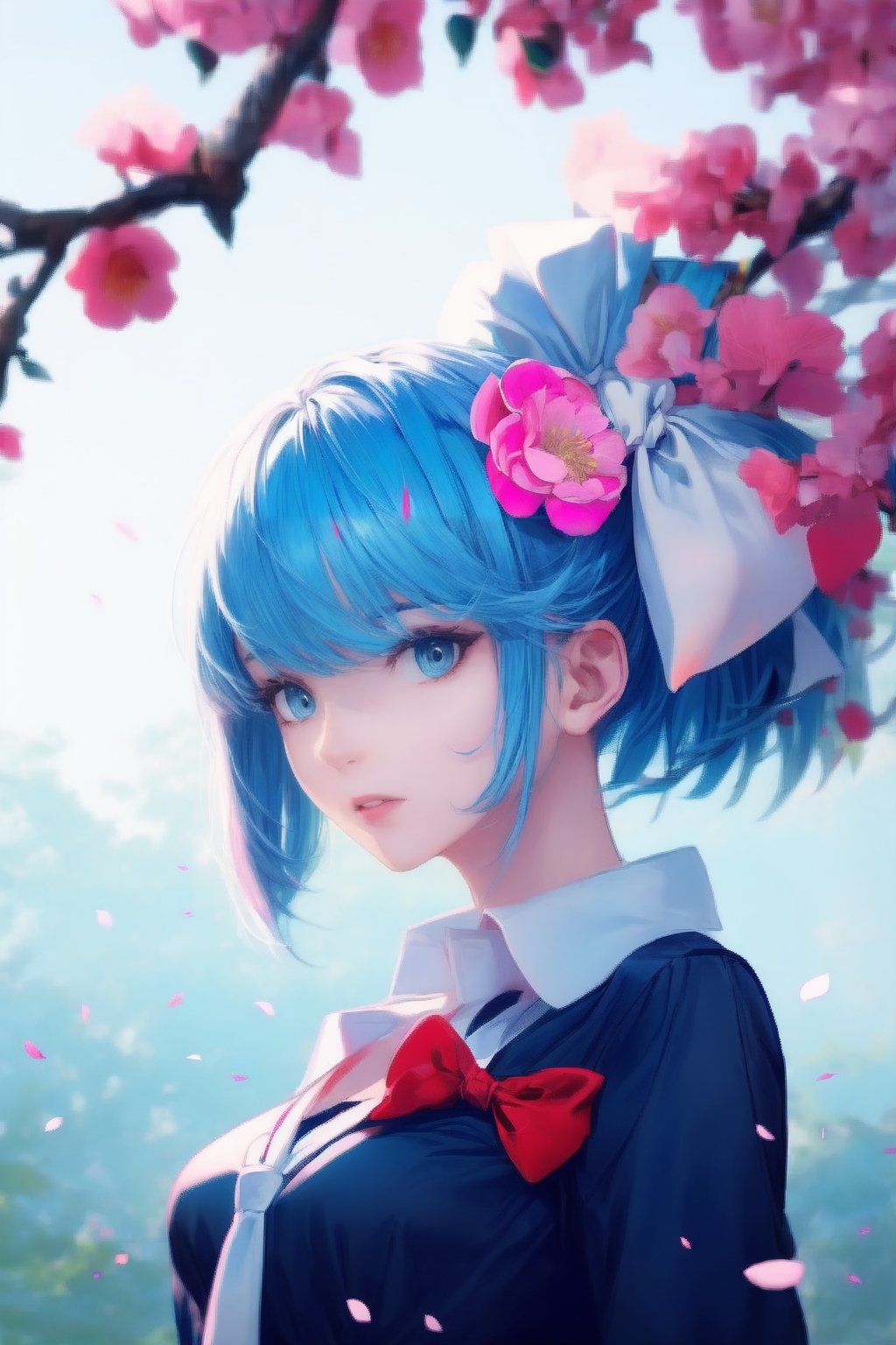 1girl, solo, long hair, breasts, looking at viewer, blush, smile, bangs, blue_hair,blue eyes, shirt, hair ornament, ribbon, medium breasts, blue hair, hair ribbon, upper body, pink hair, flower, multicolored hair, parted lips, hair flower, streaked hair, petals, hair intakes, blue ribbon, cherry blossoms, pink flower