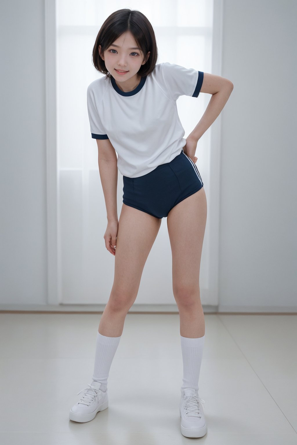 photo realistic, master piece,high resolution,1 japanese girl 13years old,grin face,(((short stature))),black hair,bob cut,head band,gym uniform white shirts short sleeve,((navy buruma thigh:1.2)),white low clew socks,white sneaker,standing,full body,open stance,gr buruma ,chromatic_background, 