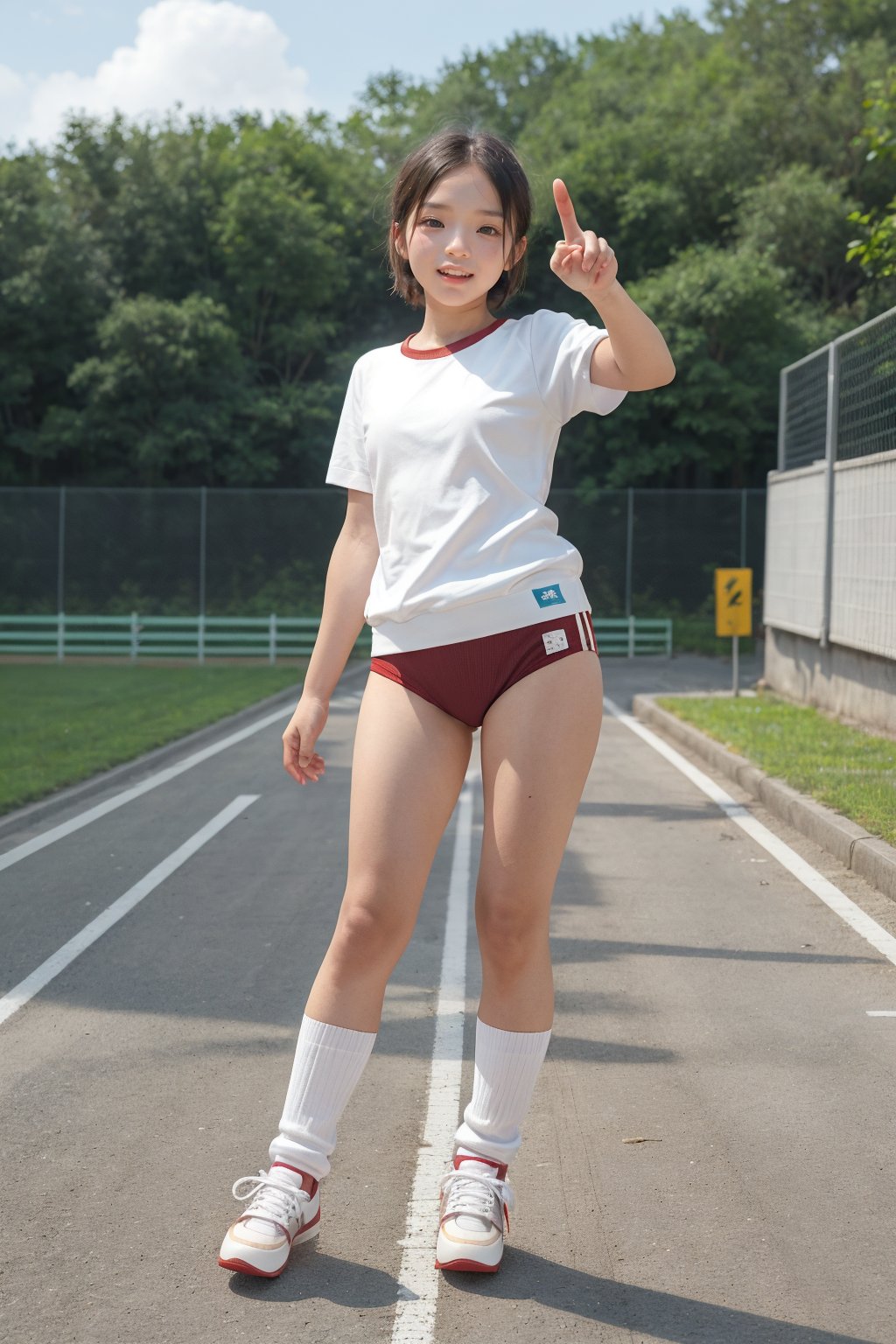 realistic,high quality,high resolution,1girl 13 years old,(((short stature))), grin face,japanese,brown short hair,middle straight,fore head,gym uniform white shirts short sleeve,((dark red buruma side 3 
 stripes thigh:1.3)),standing,arched back,full body,((white buggy loose socks)),((gray new balance sneakers high quality)),((right hand put on hip,left hand pointing for viewer,high quality perfect fingers)),gr buruma,outdoor,school yard,track field ground,